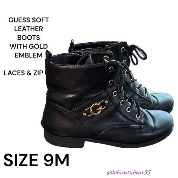 GUESS BRAND SOFT LEATHER ANKLE BOOTS-SIZE 9M-GOLD EMBLEM ON SIDES-ZIP UP AND TIE - Picture 8 of 16